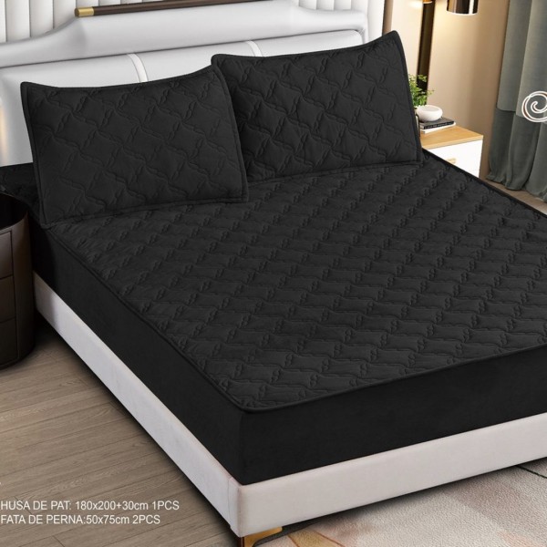 Husă Matlasată Tip Topper din Catifea 180x200cm, cu 2 Fețe de Pernă 50x70cm -  Somn Odihnitor și Susținere pentru Spate, Negru [1]