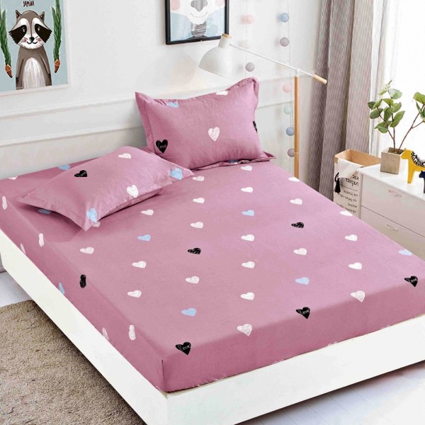 Cearsaf cu elastic, Bumbac FINET, 160/180x200cm, 2 fete de perne 50x70cm, Jojo Home, Roz pudra, inimioare [1]