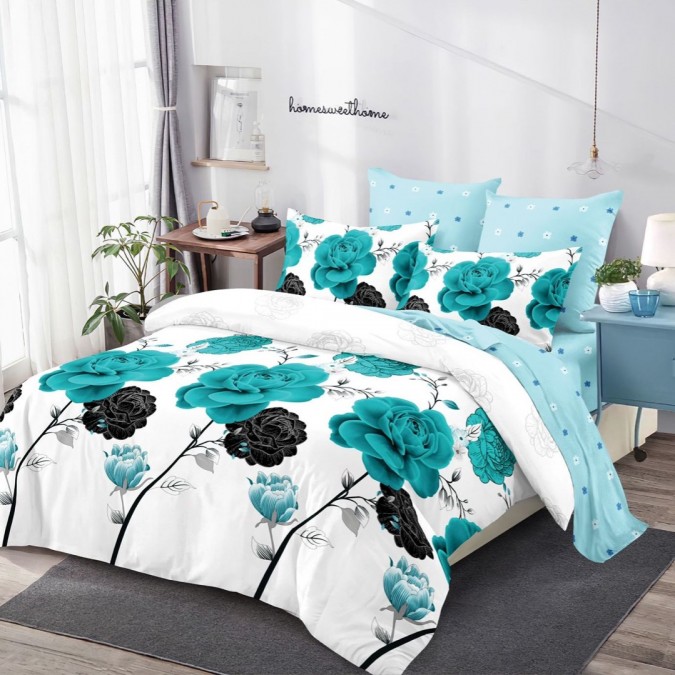 PACHET PROMO COMPLET: Lenjerie pat dublu BUMBAC FINET cu elastic 6 piese Turquoise trandafiri