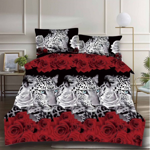 Lenjerie pat dublu (140x200cm, 160x200cm, 180x200cm), cearsaf clasic, imprimeu 3D, Negru-Rosu, leoparzi, trandafiri [1]