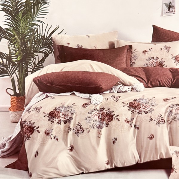 Lenjerie pat dublu,  FINET, 6 piese, Bej, Maro, flori [1]