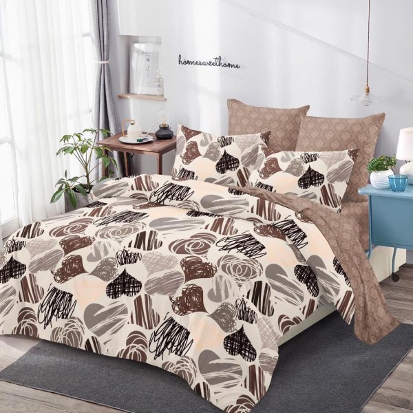 Lenjerie pat dublu (160x200cm, 180x200cm),  FINET, 6 piese, cu ELASTIC, Maro, inimioare [1]