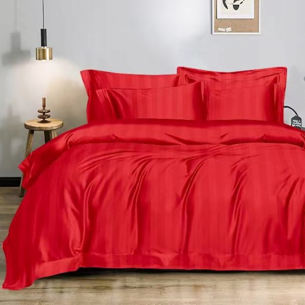 Lenjerie HoReCa DeLuxe, pat dublu, Damasc cu Dunga latã de 3cm, 6 piese, Rosu [1]