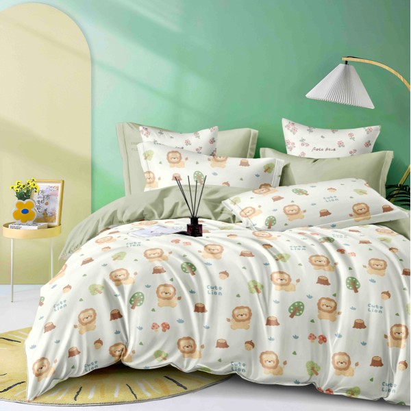 Lenjerie pat 1 PERSOANA,  FINET, 4 piese, Jojo Home, Alb-Verde, lei, copaci [1]