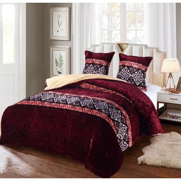 Pilota CoCoLiNo Frizzy cu blanita, matlasata, 200x230cm, cu fete de perna 60x60cm, Grena, model elegant [1]