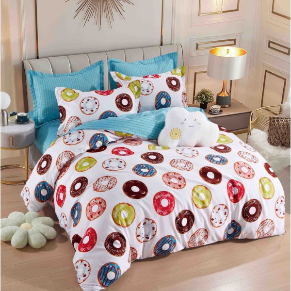 Lenjerie pat dublu,  FINET, 6 piese, cu ELASTIC, Jojo Home, Multicolor, gogosi [1]