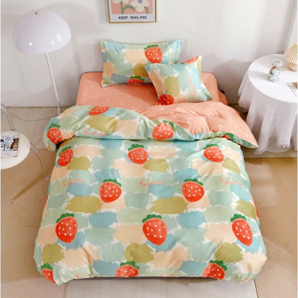 Lenjerie pat 140x200cm,  FINET, 4 piese, cu ELASTIC, Roz, capsuni [1]