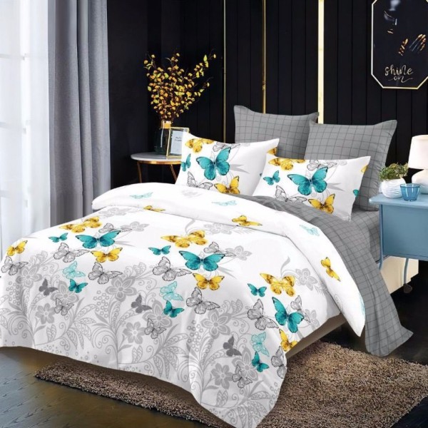 Lenjerie pat dublu,  FINET, cu elastic, 6 piese, Alb, Gri, Fluturi [1]