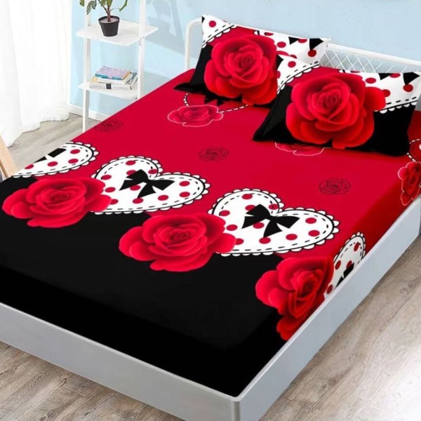 Cearsaf cu elastic, FINET, 180x200cm, 2 fete de perne 50x70cm, Rosu-Negru, trandafiri, buline, fundite [1]