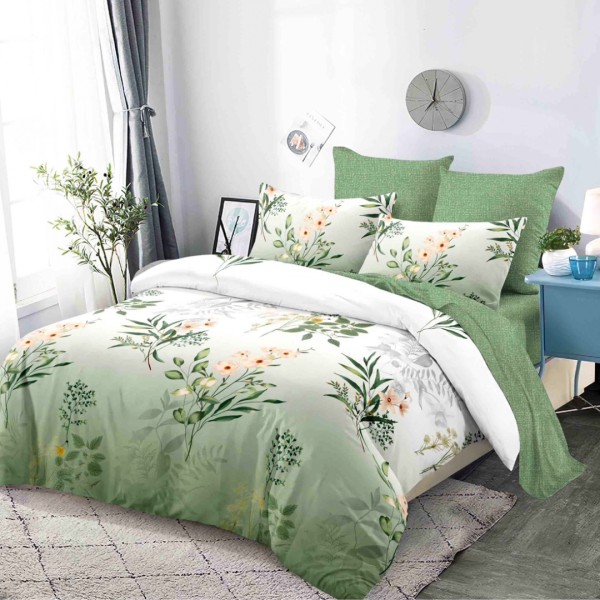 Lenjerie Pat Dublu,  FINET, 6 piese, Verde Salvie, Flori, Frunze [1]