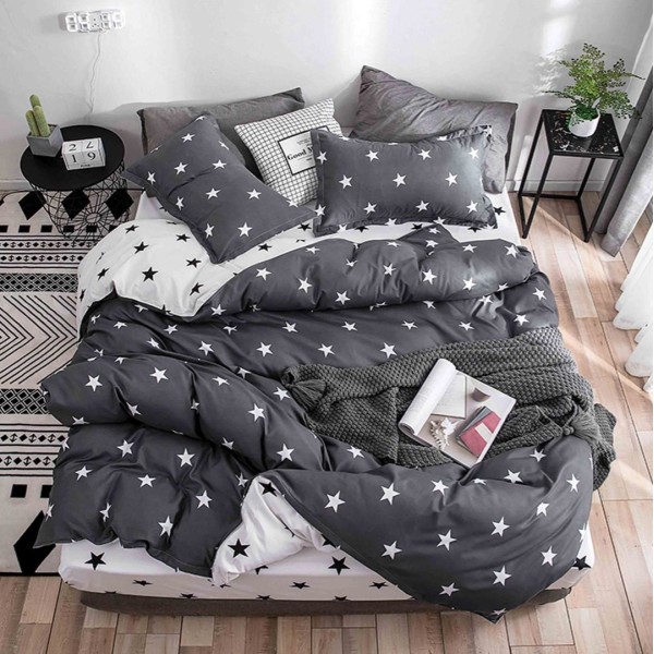 Lenjerie pat 140x200cm, 4 piese, cu ELASTIC,  Gri, stelute [1]
