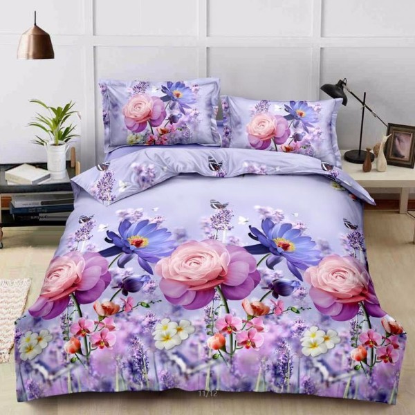 Lenjerie pat dublu (140x200cm, 160x200cm, 180x200cm), cearsaf clasic, imprimeu 3D, Lila, flori [1]