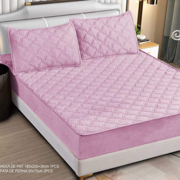 Husă Matlasată Tip Topper din Catifea 180x200cm, cu 2 Fețe de Pernă 50x70cm -  Somn Odihnitor și Susținere pentru Spate, Roz inchis [1]