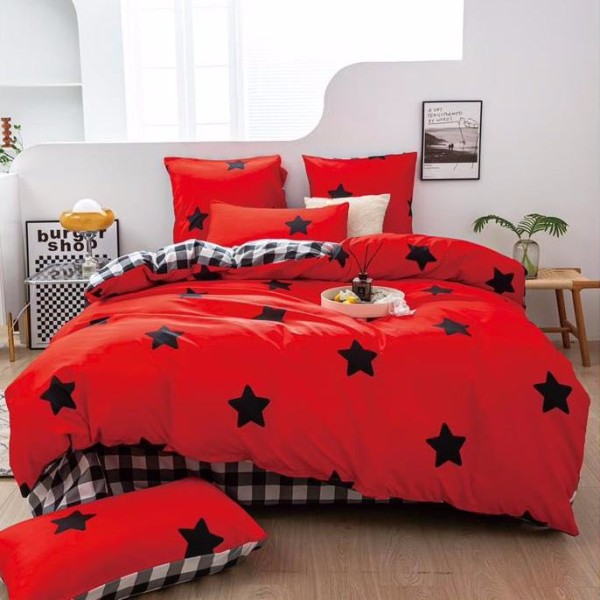 Lenjerie pat dublu (140x200cm, 160x200cm, 180x200cm), Finet Soft, cearsaf clasic, 4 piese, Rosu, stelute [1]
