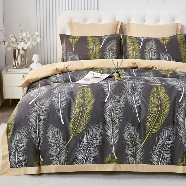 Lenjerie de Pat Dublu, Super Premium,  Finet Ranforsat, 6 Piese, Ambalat în Cutie de Lux, Grej, Bej, pene [1]