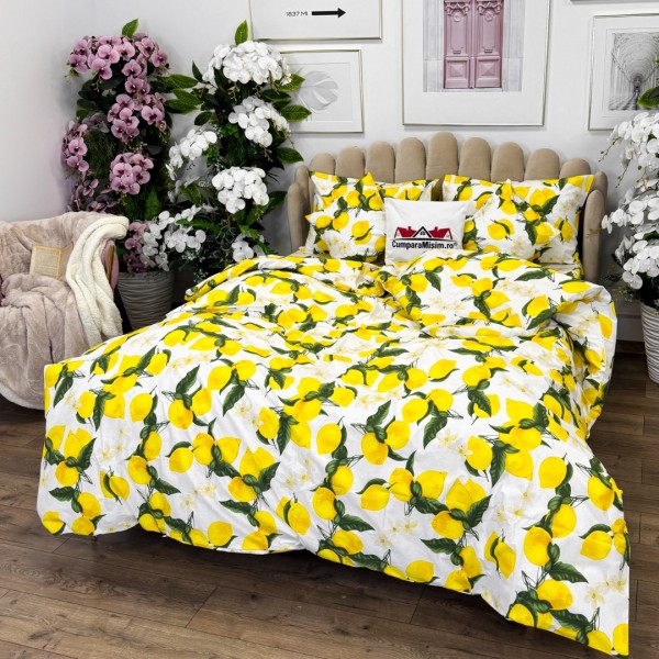 Lenjerie de Pat Dublu, Bumbac Ranforce, 6 piese, Croită cu Grija in Atelierul Cumparamisim - Lux Suprem, Rafinament Desăvârșit, Confort Regal, Alb, Galben, lămâi si flori de lămâi  [1]