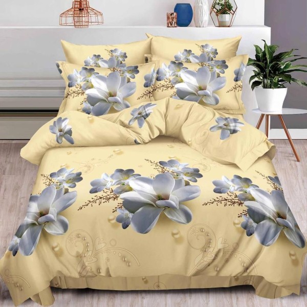 Lenjerie pat dublu, 6 PIESE, IMPRIMEU 3D Multiplicat, Bej, flori [1]