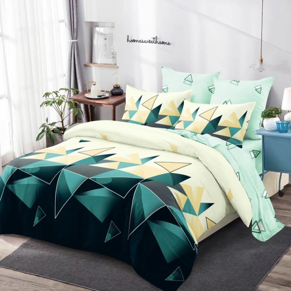 Lenjerie Pat Dublu,  FINET, 6 piese, Crem, Verde, Forme Geometrice [1]