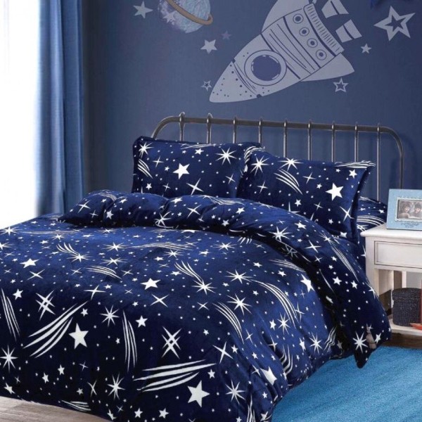 Lenjerie pat dublu, Super Pufoasa COCOLINO, 4 piese, Bleumarin, Alb, ploaie de stele [1]