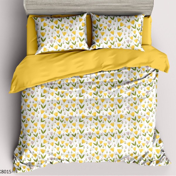 Lenjerie pat Single, BUMBAC 100% Percal, cu 2 Fețe, 4 piese, Alb, Galben, Flori [1]