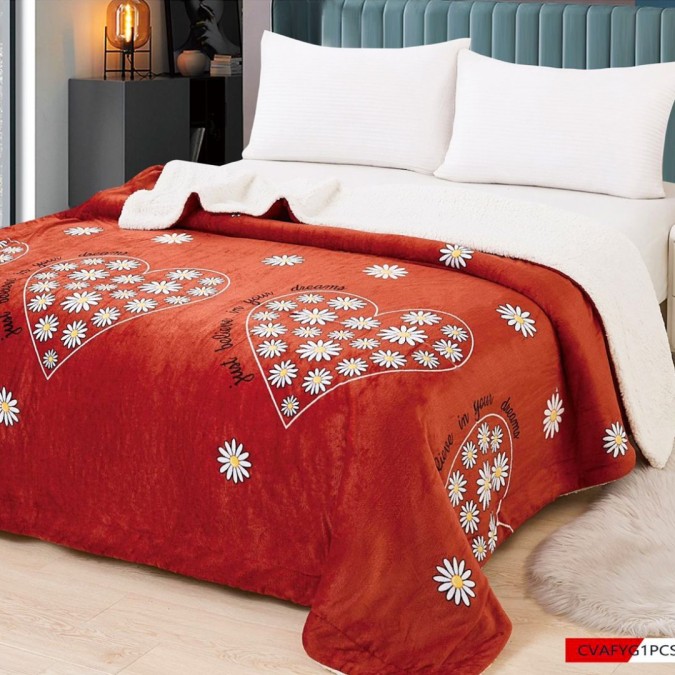 Pătură Luxoasă Cocolino din Microfibră Ultra-Moale, cu Blăniță Sherpa, 200x230 cm - Confort Maxim și Design Elegant pentru Nopți Perfecte, Vișiniu, Inimioare