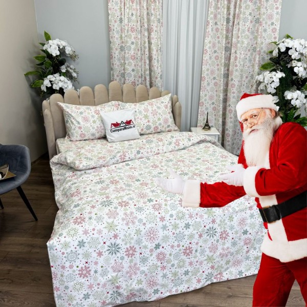 Set Lenjerie Pat Dublu Crăciun 4 Piese + 2 Draperii 150x235cm din Bumbac Ranforsat – Confort și Eleganță, Fabricat în România, Alb, Verde, Rosu, Fulgi de Zapada [1]