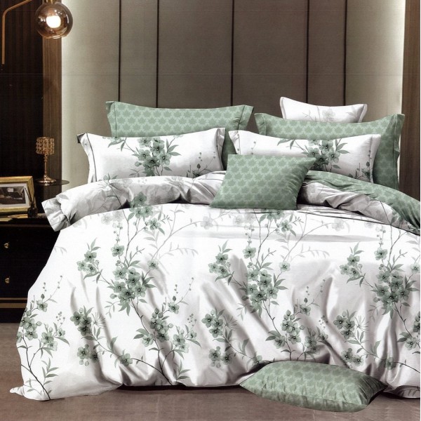 Lenjerie pat dublu,  FINET, 6 piese, cu ELASTIC, Verde, flori [1]