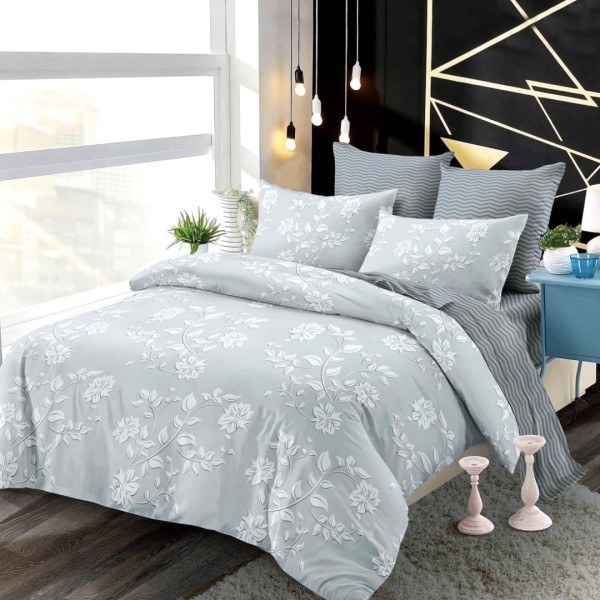 Lenjerie pat dublu,  FINET, cu elastic, 6 piese, Gri, Flori [1]