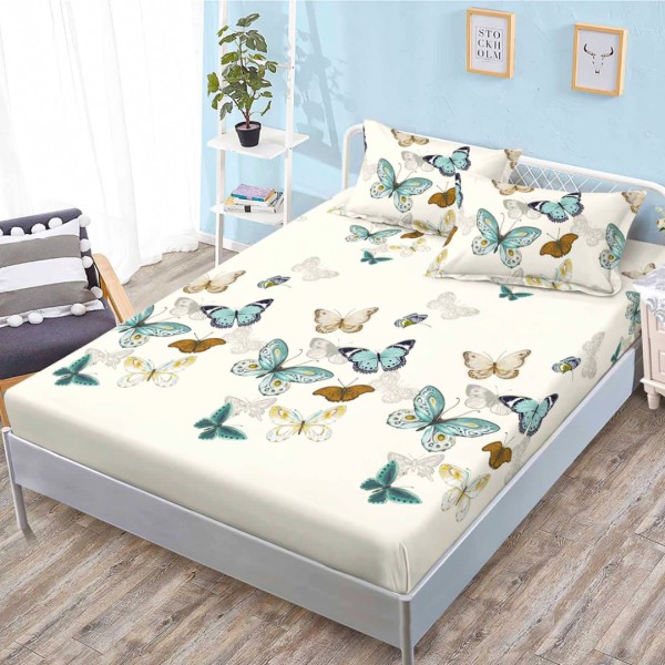 Cearsaf cu elastic, FINET, 160x200cm, 2 fete de perne 50x70cm, Crem, Fluturi – confort si eleganta pentru patul tau [1]