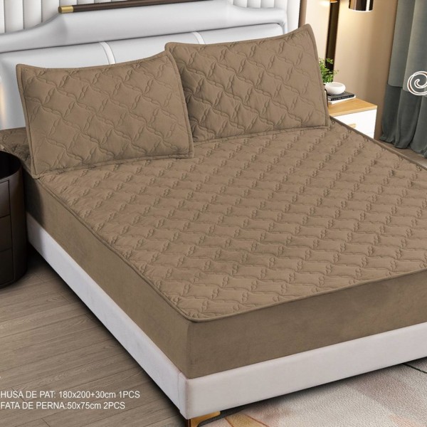 Husă Matlasată Tip Topper din Catifea 180x200cm, cu 2 Fețe de Pernă 50x70cm -  Somn Odihnitor și Susținere pentru Spate, Cappuccino [1]