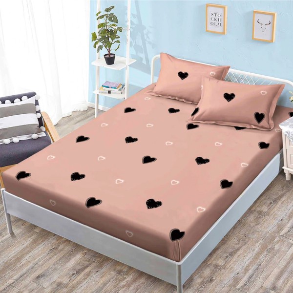 Cearsaf cu elastic, FINET, 160x200cm, 2 fete de perne 50x70cm, Roz prafuit, Inimioare – confort si eleganta pentru patul tau [1]