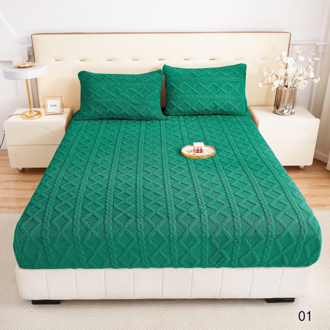 Cearșaf cu Elastic Cocolino 180x200x25 cm – Set cu 2 Fețe de Pernă Model Tricotat Gros și Pufos Calitate Premium pentru Confort și Eleganță Verde