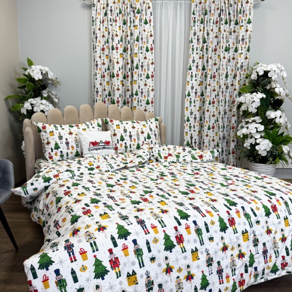 Set Lenjerie Pat Dublu Crăciun 4 Piese + 2 Draperii 150x235cm din Bumbac Ranforsat – Confort și Eleganță, Fabricat în România, Alb, Verde, Rosu, Spargatorul de Nuci, brazi [1]