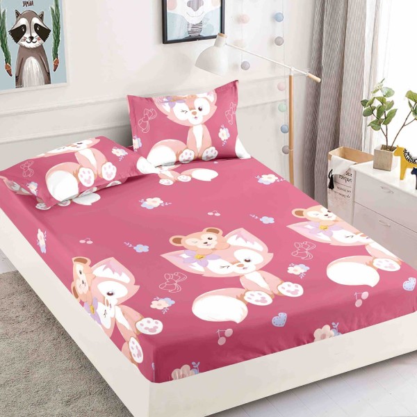 Cearsaf cu elastic, Bumbac FINET, 160/180x200cm, 2 fete de perne 50x70cm, Jojo Home, Roz, vulpite, ursuleti [1]