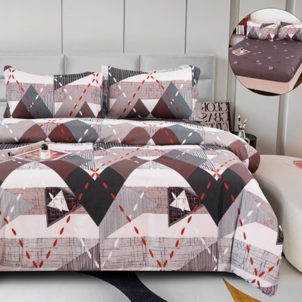 Lenjerie pat dublu, bumbac satinat,  cu ELASTIC, 4 PIESE, crem, gri, bej, forme geometrice [1]