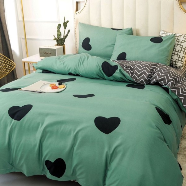 Lenjerie pat 140x200cm, 4 piese, cu ELASTIC,  Verde, inimioare [1]