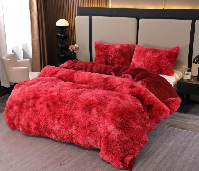 Pilota Super Pufoasă CoCoLiNo Fluffy cu Blăniță Sherpa Asortată 200x230 cm 4 kg 2 Fețe de Pernă Asortate 50x70cm – Căldură Instantă și Confort de Lux pentru Nopți Reci Roșu degrade