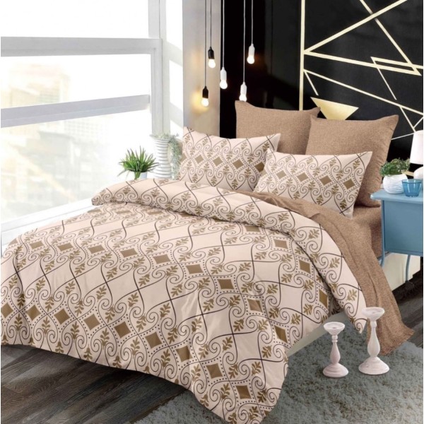 Lenjerie pat dublu,  FINET, cu elastic, 6 piese, Bej, Maro, Model Oriental [1]