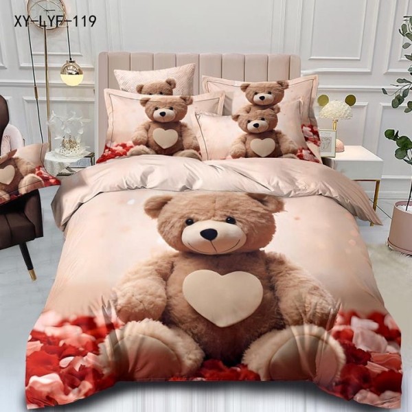 Lenjerie de Pat Dublu,  Finet, 6 piese, Imprimeu 3D Digital Realist, Exact ca in Poza – Culori Durabile, Vopsea Skin-Friendly si intretinere Usoara, Bej,Maro, Roz, ursuleti [1]