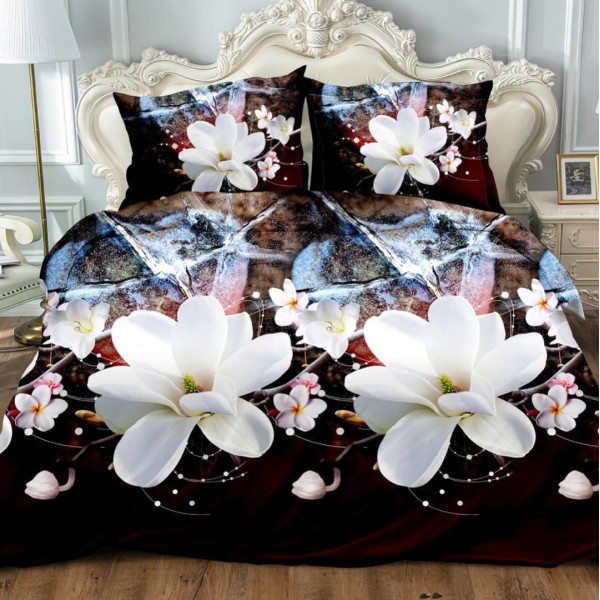 Lenjerie pat dublu (140x200cm, 160x200cm, 180x200cm), cearsaf clasic, imprimeu 3D, Negru-Alb, flori [1]