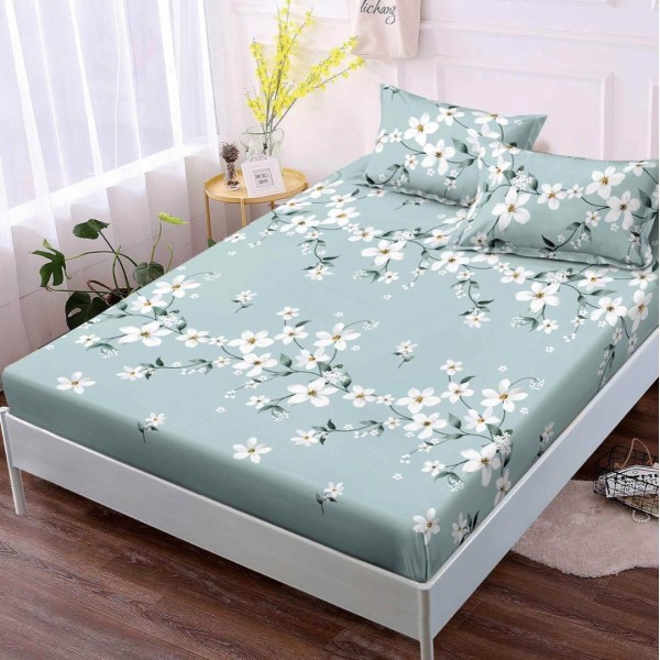 Cearsaf cu elastic, FINET, 180x200cm, 2 fete de perne 50x70cm, Bleu, flori [1]
