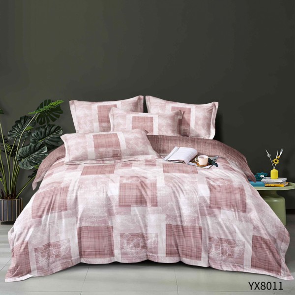 Lenjerie pat 140x200cm,  FINET, cu elastic, 4 piese, Roz Ars, Patrate, Flori [1]