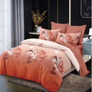 Lenjerie pat dublu,  FINET, cu elastic, 6 piese, Caramiziu degrade, flori