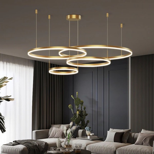Lustra LED Tip Pendul RFAN, Model F203006/4, Cu Telecomanda, 3 Tipuri De Lumina, Inaltime Reglabila, 240W, Auriu [1]