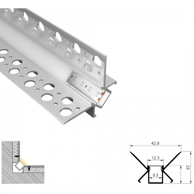 Profil LED Incastrat, Colt Interior, Lungime 2m, Aluminiu