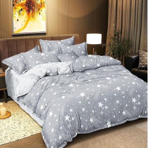 Lenjerie pat dublu cu Elastic, bumbac satinat, Gri, stelute