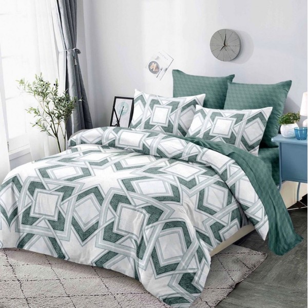 Lenjerie pat dublu,  FINET, cu elastic, 6 piese, Alb, Verde, Forme Geometrice [1]