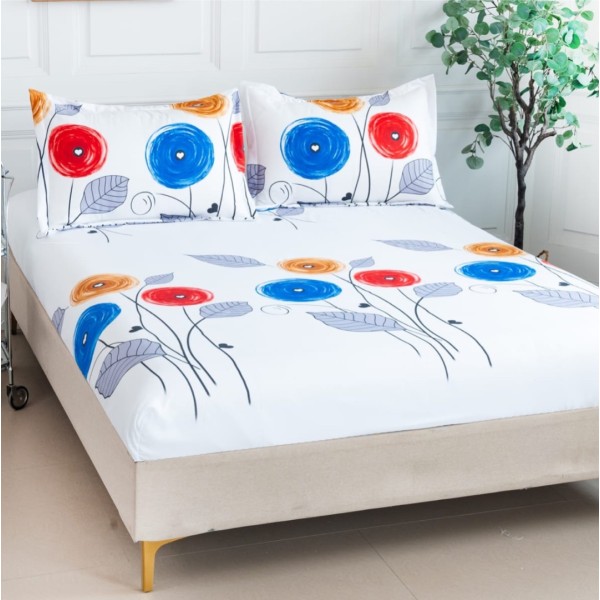 Cearsaf cu elastic, Bumbac Satinat, 160/180x200cm, 2 fete de perne 50x70cm, Gri-Albastru, flori [1]