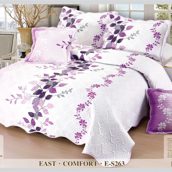 Cuvertura matlasata 230x250cm si 4 fete de perna, Bumbac, Alb, Mov, frunze [1]