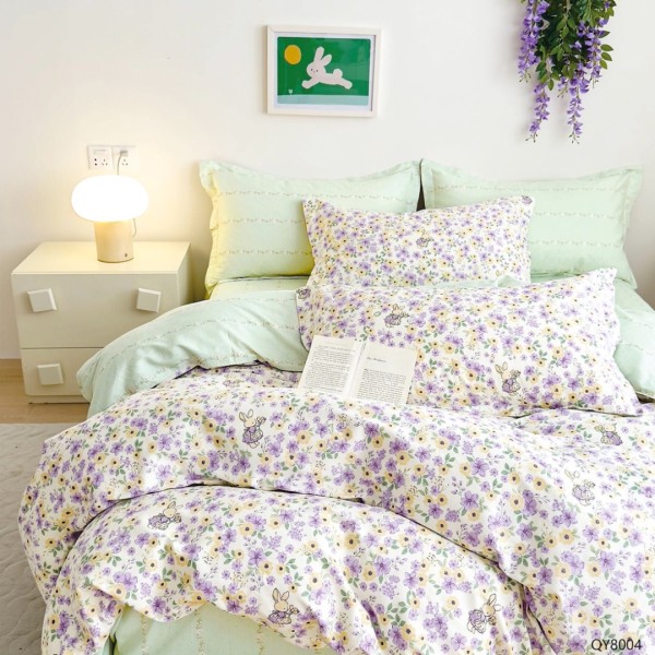 Lenjerie pat dublu, BUMBAC 100% Percal, cu Elastic, 4 piese, Alb, Mov, Vernil, Flori, Iepurasi [1]